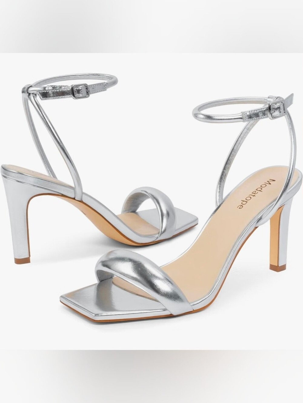 Metallic Silver Ankle-Strap Heeled Sandals Padded Toe Strap Sz 8.5